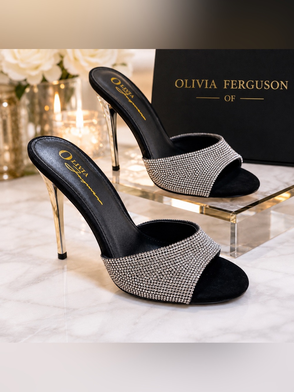 Olivia Ferguson Silver Crystal-Embellished Silver Mirror Slide Mule Heels Size 7